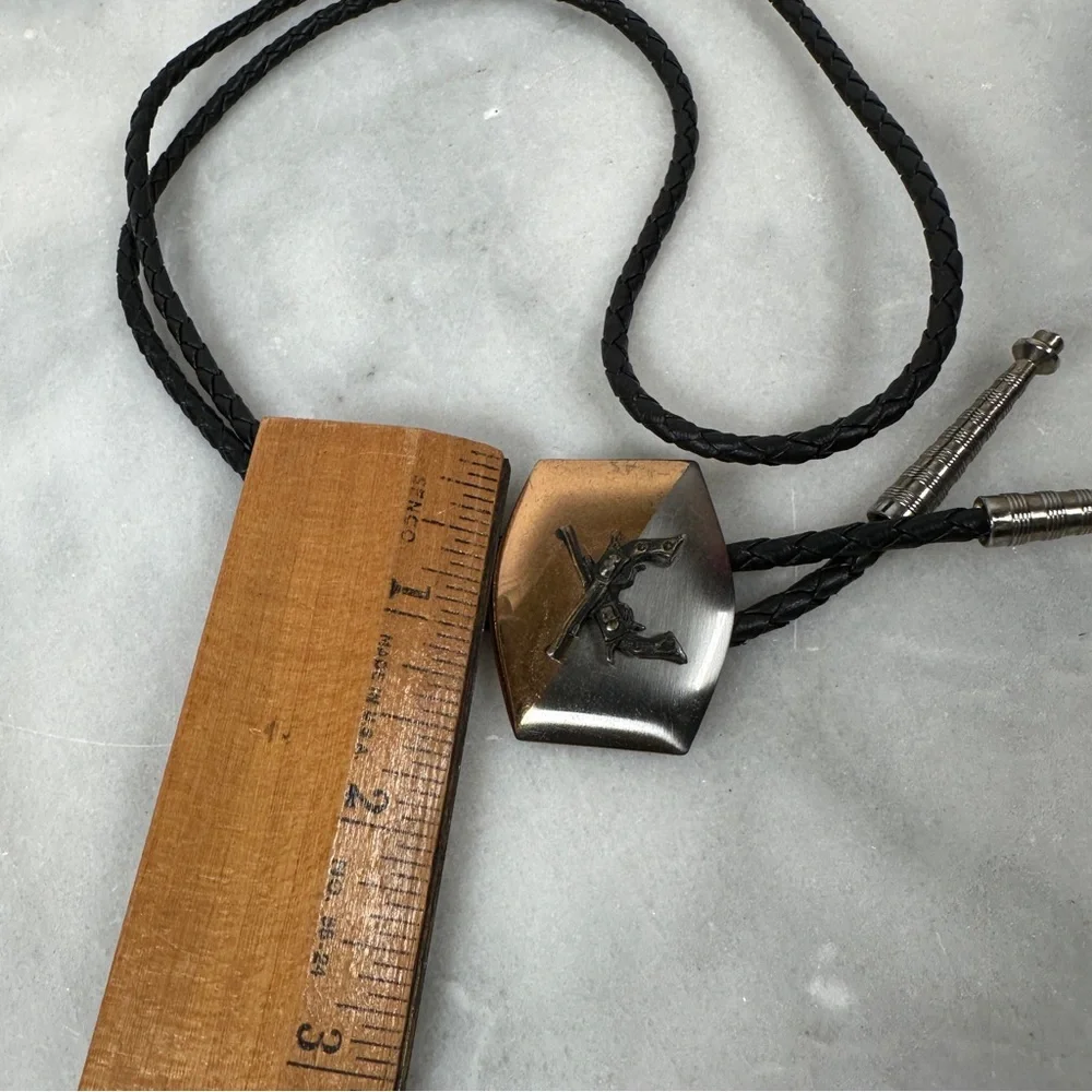 Bolo tie pistol western cowboy Black‎ Silver leather gun revolver braided gold